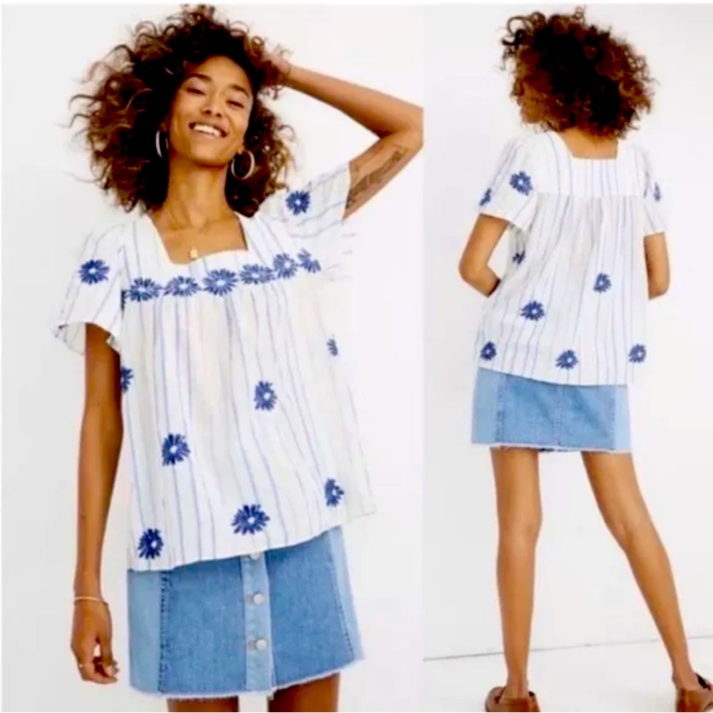 Madewell Floral Embroidered Butterfly Top in Stripe Square Neck Blouse XL